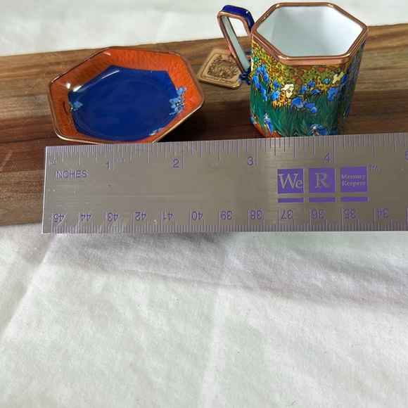 iris tea cup saucer hand painted enamel gold metal hang tag numbered edition - Picture 9 of 16